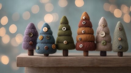 christmas Felt Christmas trees with buttons on a wooden shelf and soft bokeh background.