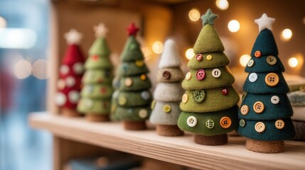 Fototapeta premium christmas Decorative felt Christmas trees on a wooden shelf with soft lighting.