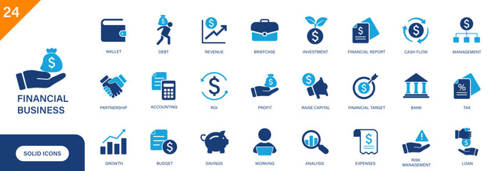Financial business icon. Includes accounting, debt, financial report, budget, investment. Solid vector icon set.