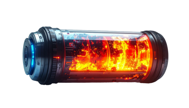 Conceptual representation of a transparent cylindrical lithium-ion battery, showing intense burning internal energy. Dynamic lighting in orange, red and blue highlights the technologist conceptr