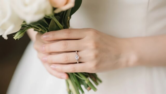 A hand wearing a diamond ring holds a bouquet, presenting a romantic wedding gesture and an exquisite aesthetic atmosphere.