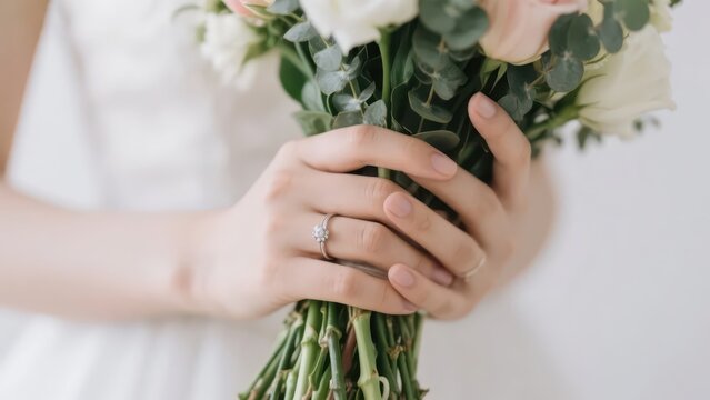 A hand wearing a diamond ring holds a bouquet, presenting a romantic wedding gesture and an exquisite aesthetic atmosphere.