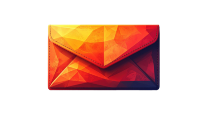 Illustration of a geometric style envelope (low-poly) with warm color gradations from yellow, orange to dark red. Single object with soft shadow on white background. Suitable for the concept of commue