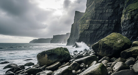 Rugged coastal cliffs with crashing waves and large rocks. Great for adventure travel, nature documentaries, and dramatic backgrounds.