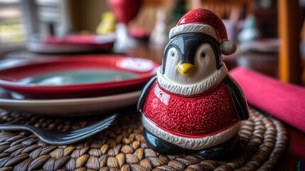 christmas Charming penguin figurine dressed in a Santa outfit on a dining table.