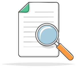 Magnifying glass examining a document with lines of text and a green corner tab