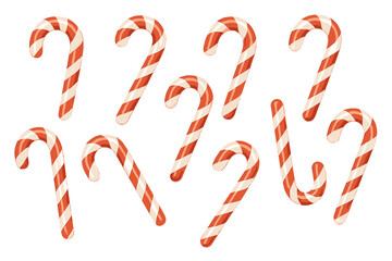 Festive Candy Canes. A collection of candy canes with red and white stripes, arranged in a playful, scattered pattern. The iconic shape and color scheme evoke a. Vector illustration