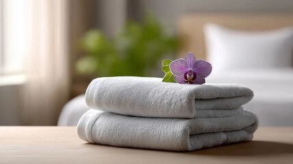 Fresh white towels stacked on a wooden counter, with a vibrant purple orchid flower, creating a welcoming atmosphere for wellness, comfort, and relaxation in a hotel or spa setting with copy space