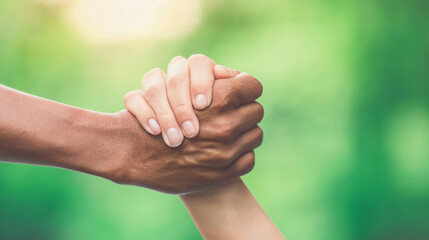 Diverse hands grasping each other, offering support and assistance, symbolizing unity, collaboration, and a strong bond against a vibrant green bokeh background with copy space