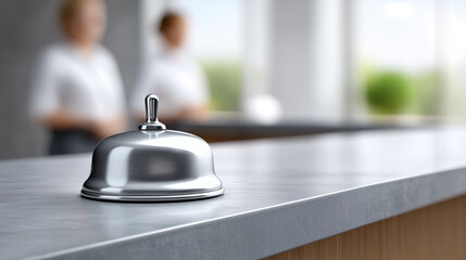 Service bell on hotel reception desk, providing customer service and hospitality call response, with staff in blurred background awaiting guests with copy space