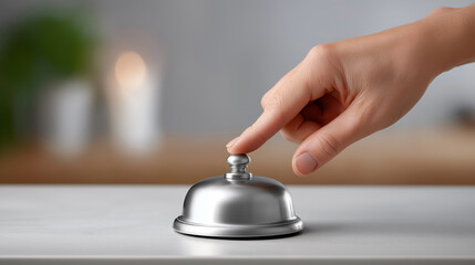 Hand ringing service bell at hotel reception desk, calling for attention, summoning staff, customer service assistance, and immediate help  with copy space