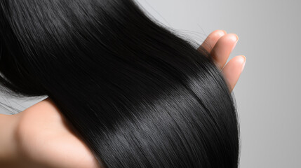 Hand gently touching long black straight hair showing healthy, shiny, and smooth texture, symbolizing haircare, beauty, and professional styling results with copy space