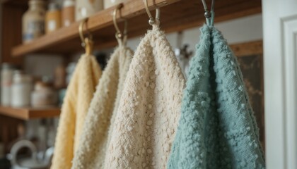 Close-up of oven mitts hanging from a brass hook