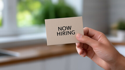 Hand holding a business card displaying now hiring text, symbolizing recruitment, employment opportunities, and searching for a new job or career