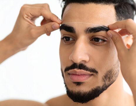 Eyebrow Threading For Men, Professional Beautician Using Thread Technique For Precision Brow Grooming And Shaping In Modern Salon, Space For Text