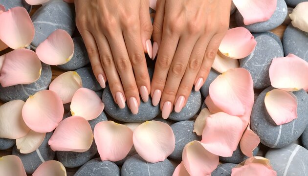 Beautiful Nude Manicure With Almond Nails, Woman’s Hands Resting On Gray Spa Stones And Surrounded By Pink Rose Petals For Relaxing Beauty Treatment, Space For Text