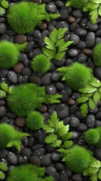 A high-angle vertical background texture featuring smooth wet black river stones, complemented by vibrant green spherical moss structures, delicate fern leaves, and clear water dro