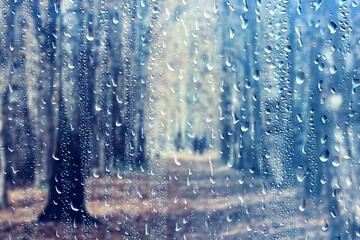 raindrops on glass blurred autumn background trees in the park, seasonal backdrop rainy weather
