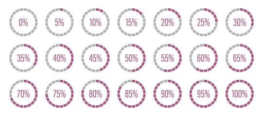 Pink progress bars. Template of pink and gray color fill pie charts indicators. Set of round graph loading progress. Circle pink diagrams icons for infographics from 0 to 100 percent. Round percentage