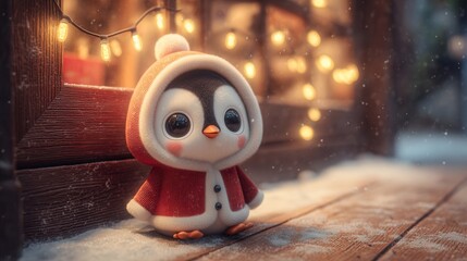 christmas Cute penguin plushie with festive lights in a snowy setting.