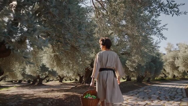 woman walking olive grove path. dress drapes under tree canopy. sunlight warms back and filters through leaves. stone trail winds among gnarled olive trunks. journey continues along shaded path ahead.
