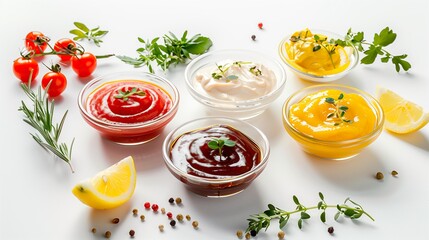 Top-view arrangement of vibrant sauces in glass bowls surrounded by herbs, cherry tomatoes, lemon slices, and peppercorns for cooking and recipe inspiration.