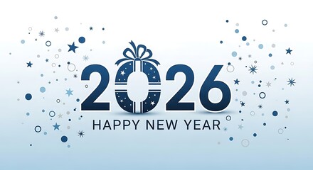 Happy new year 2026 celebration with blue and white festive design and sparkling stars