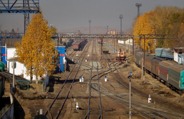 Railway station. Freight trains. Railway transportation industry. Urban landscape. Ust-Kamenogorsk (kazakhstan)