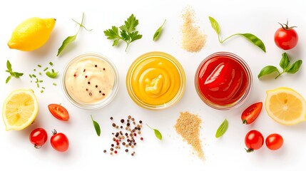 Three vibrant sauces in glass bowls surrounded by rosemary, tomatoes, lemon slices, and mixed spices, ideal for cooking concepts and food styling visuals.