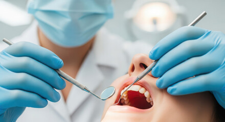 Dentist examining a patients teeth with dental tools