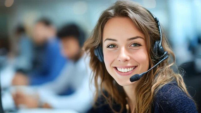 Confident young woman with headset smiling at camera in modern office environment. Customer support representative providing professional assistance and friendly service to clients