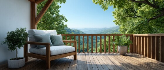 Obraz premium Wood balcony in modern house with mountain view. wood floor and wooden sofa. Copy space