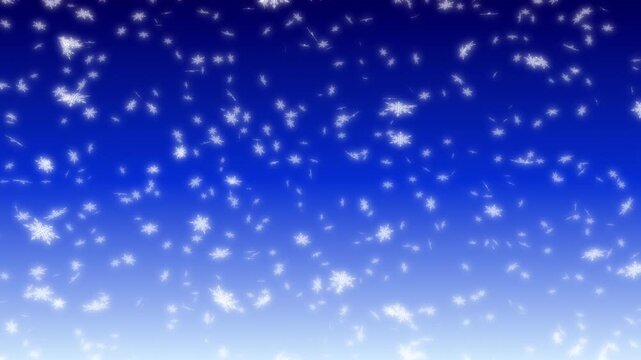 Glowing white snow flakes falling down from top on dark blue gradient background. Abstract background for Merry Christmas, Happy Holidays, Season's greetings, Happy Valentine's day and wedding ceremon