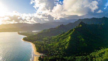 Aerial view of a coastline with lush mountains and a sunlit sky