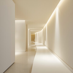 Abstract white architectural interior design corridors emphasize minimalism and elegance, featuring clean lines and a spacious feel that enhances light and flow. The use of white as a primary color cr