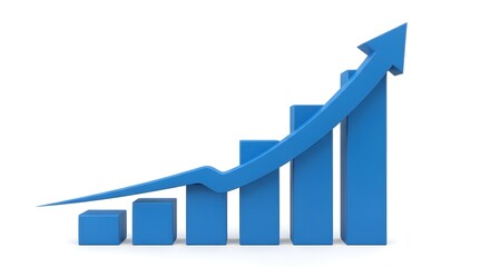 Blue bar graph with arrow showing growth and positive trend