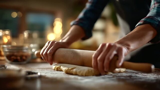 Hands rolling out cookie dough with wooden rolling pin Christmas baking preparation flour dusted surface holiday cooking tradition baking tools visible kitchen counter
