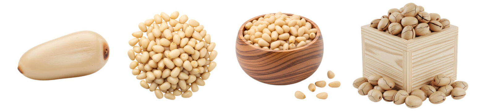 Isolated view of shelled and unshelled pine nuts arranged in different wooden containers on transparent background