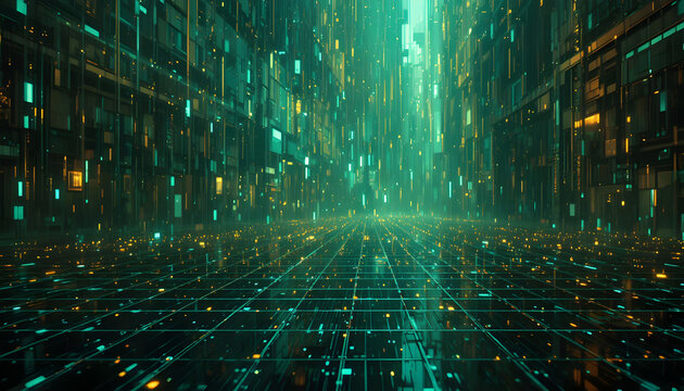 A stunning visualization of a digital cityscape with glowing green and yellow lights, resembling a futuristic metropolis teeming with data streams and interconnected networks