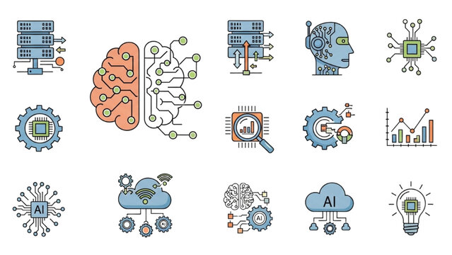Conceptual illustrations of artificial intelligence and machine learning technology for data processing and innovation solutions
