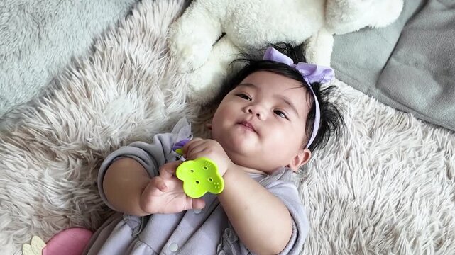 A baby happily chewing a teething toy in the living room