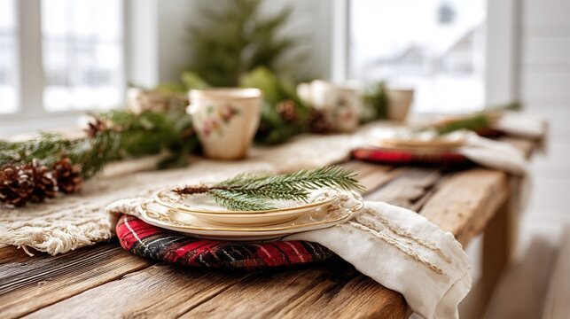 christmas Cozy dining table set with rustic decor and seasonal greenery. - Powered by Adobe