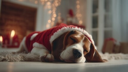 christmas Cozy dog in a Santa outfit resting during the holidays.