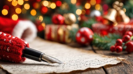 christmas Festive scene with a pen, letter, and Christmas decorations.