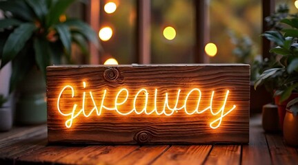 Rustic wooden sign with bright neon Giveaway text in a warm ambient interior setting with blurred bokeh lights and houseplants - Powered by Adobe