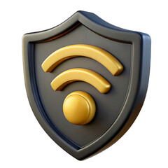 Black and gold shield with a wireless signal symbol on a transparent background, representing secure connections, crypto networks, and protected online investments..