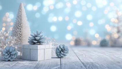 Christmas background with a white wooden table and white marble stone, a small pine tree, pine cones, light blue bokeh lights in the sky, a white christmas tree on top of a gift box.