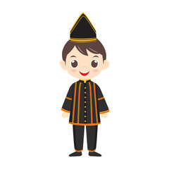 Vector flat illustration. Cute Malaysian Sabahan boy wearing traditional attire called Baju Kadazan