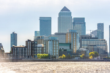 Canary Wharf skyscrapers and Thames river, London, UK