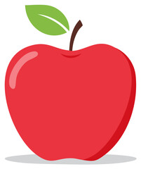 Simple cartoon illustration of a bright red apple with a green leaf and brown stem